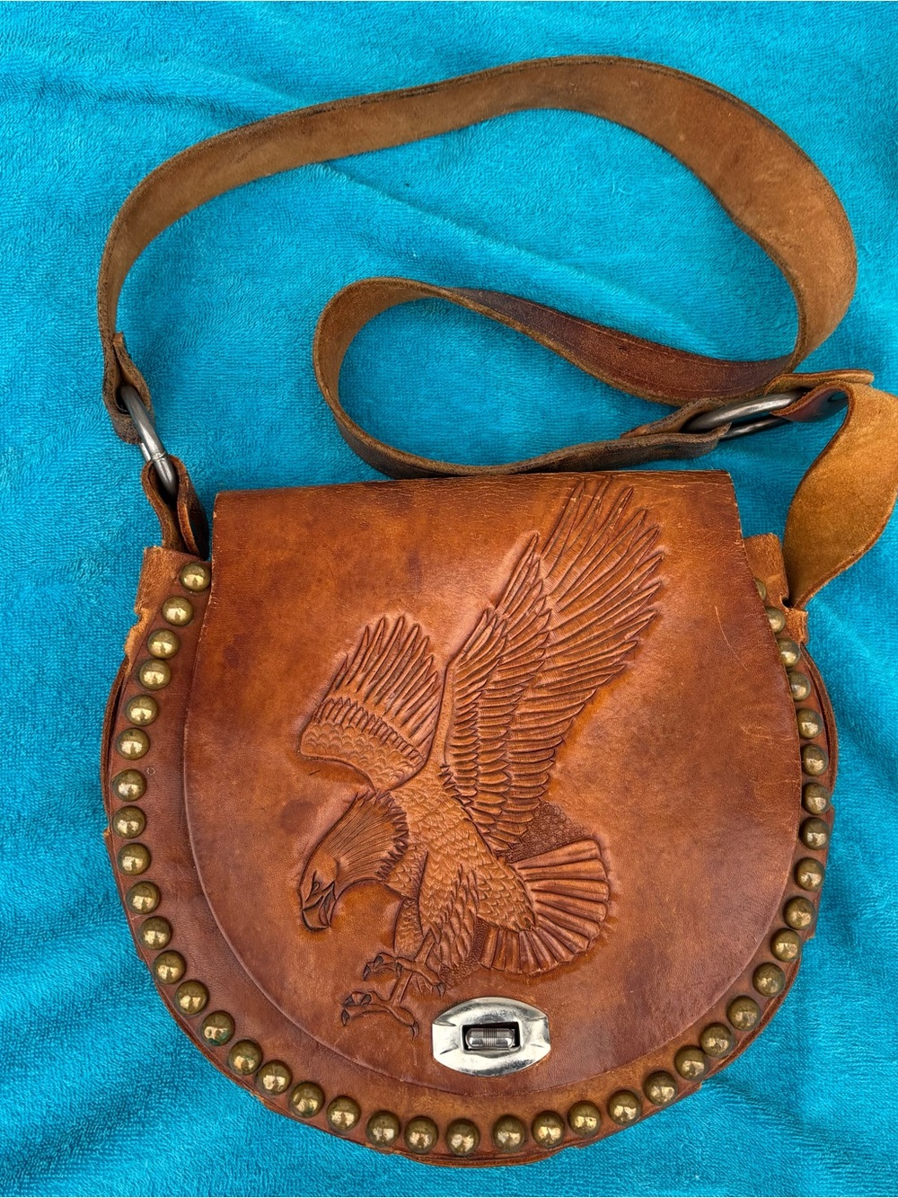 Vintage Leather Eagle Embossed Crossbody Bag brass studs twist clasp